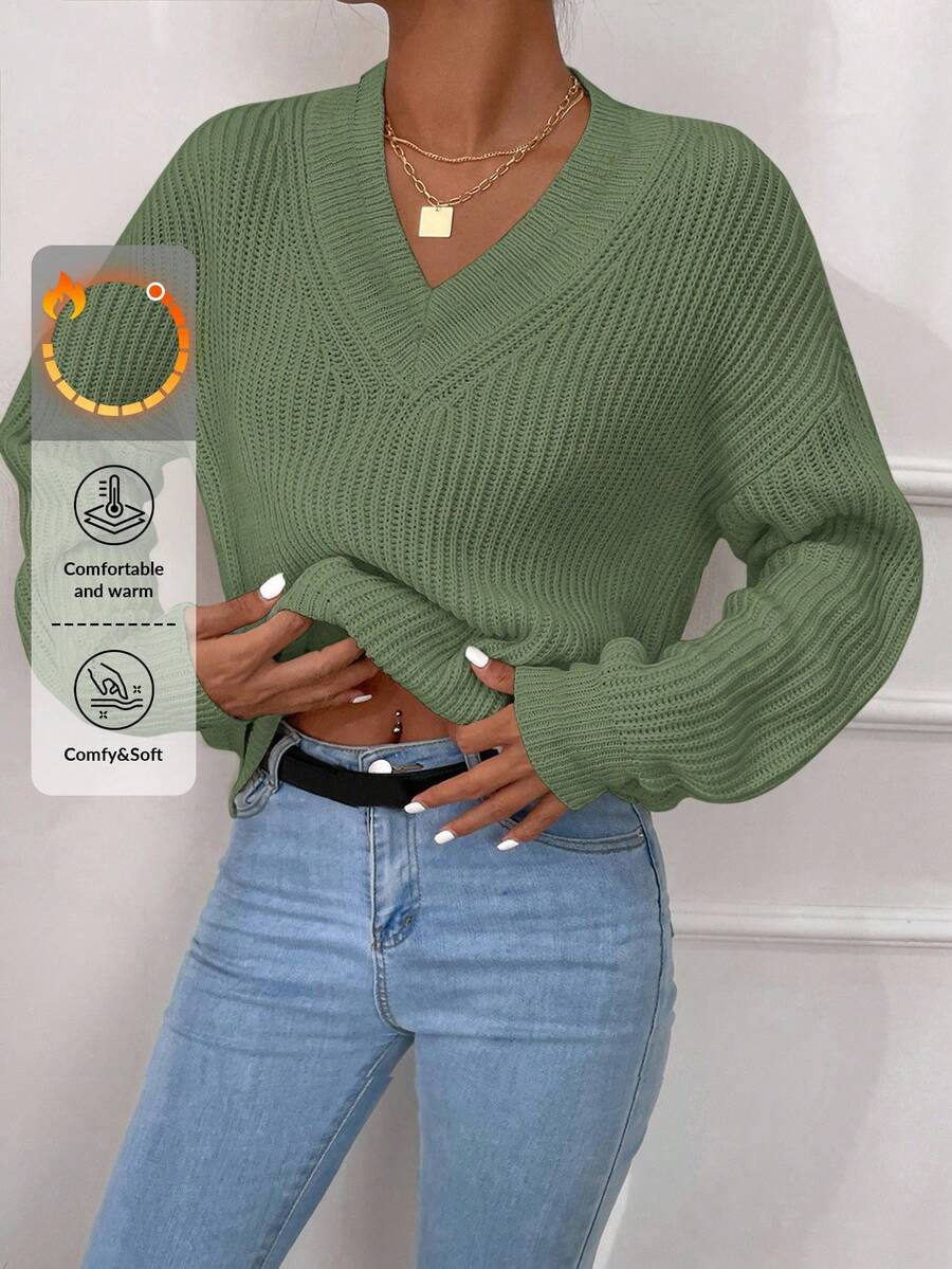 SHEIN Cottnline V Neck Drop Shoulder Sweater - Lime Green - View 1