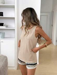 Easowa Setelan 2 Potong Atasan Tank Top dan Celana Pendek Bergaris Kasual Musim Panas untuk Wanita - Khaki - View 4
