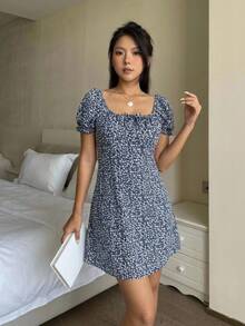 Tween 女童海军蓝碎花立领蝴蝶结前开襟泡泡袖迷你连衣裙，适合派对、度假、郊游、沿海奶奶装 - 藍白色 - 查看 6