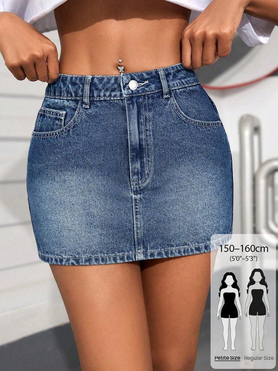 SHEIN PETITE 夏季休閒修身牛仔裙 - 軍綠色 - 查看 1
