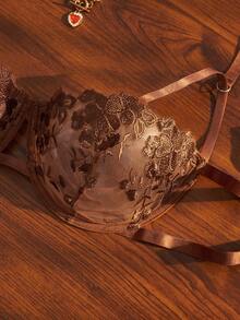 Divavoom Plus Size Women's Romantic Embroidered Sexy Lingerie Bra & Thong Panty Set, 2-Piece - Brown - View 8