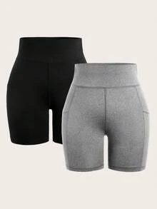 SHEIN SXY Plus Size Women Solid Color Pocket Athletic Shorts - Multicolor - View 3