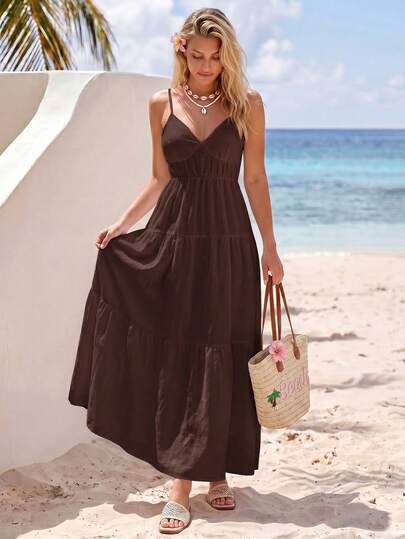 Sylviya Casual Tropical Boho Breezy European Women's Summer Dark Brown Sun Dress Long Beach Vacation