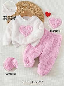 Cozy Pixies 2件組幼女服飾，舒適百搭時尚，日常可愛休閒極簡基本款，毛絨愛心圖案紋理，秋冬季節適用，適合多種場合，戶外滑雪、返校、運動、派對、假日，保暖套裝居家服 - 淺粉色 - 查看 3