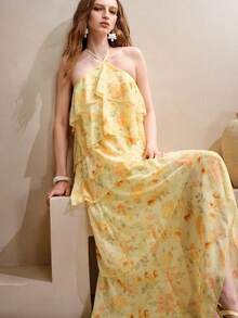 SHEIN Holidaya Vestido de vacaciones con cordones estampado, suelto, sin mangas, tirantes finos, camisola floral, playa, naranja, verano, tropical, bohemio - amarillo ganso - Ver 6