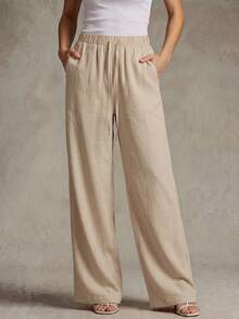 Franclia Pantaloni larghi casual da donna in misto lino, con vita elastica e coulisse, con tasche, adatti per la primavera/estate - Albicocca - Visualizzare 1