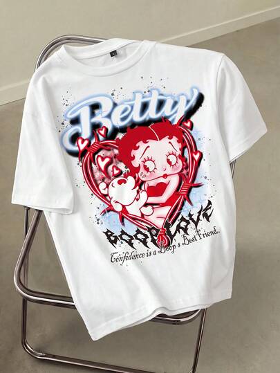 Betty Boop x SHEIN レディース レター＆カートゥーンプリント カジュアル 万能 デイリー用 夏用Tシャツ
