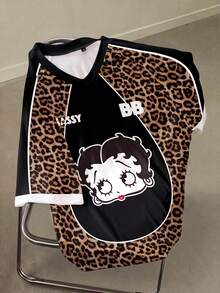 Betty Boop x SHEIN Men's Leopard Print Patchwork Cartoon Graphic T-Shirt - White - View 1