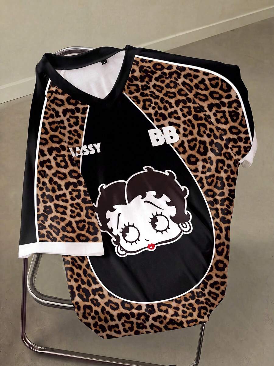 Betty Boop x SHEIN Men's Leopard Print Patchwork Cartoon Graphic T-Shirt - White - View 1