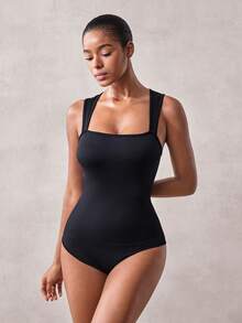 Veilyse 1Pc Women Ribbed Square Neck Sleeveless Bodysuit, High Stretch Seamless Tummy Control Slim Fit Shaper Tank Top Back To School - Black - View 5