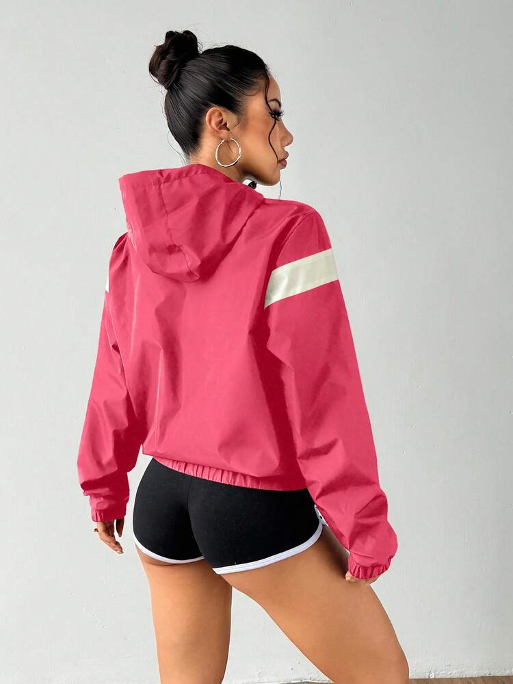 Exploreva Contrast Color Zipper Hooded Loose Casual Sports Jacket - Pink - View 2