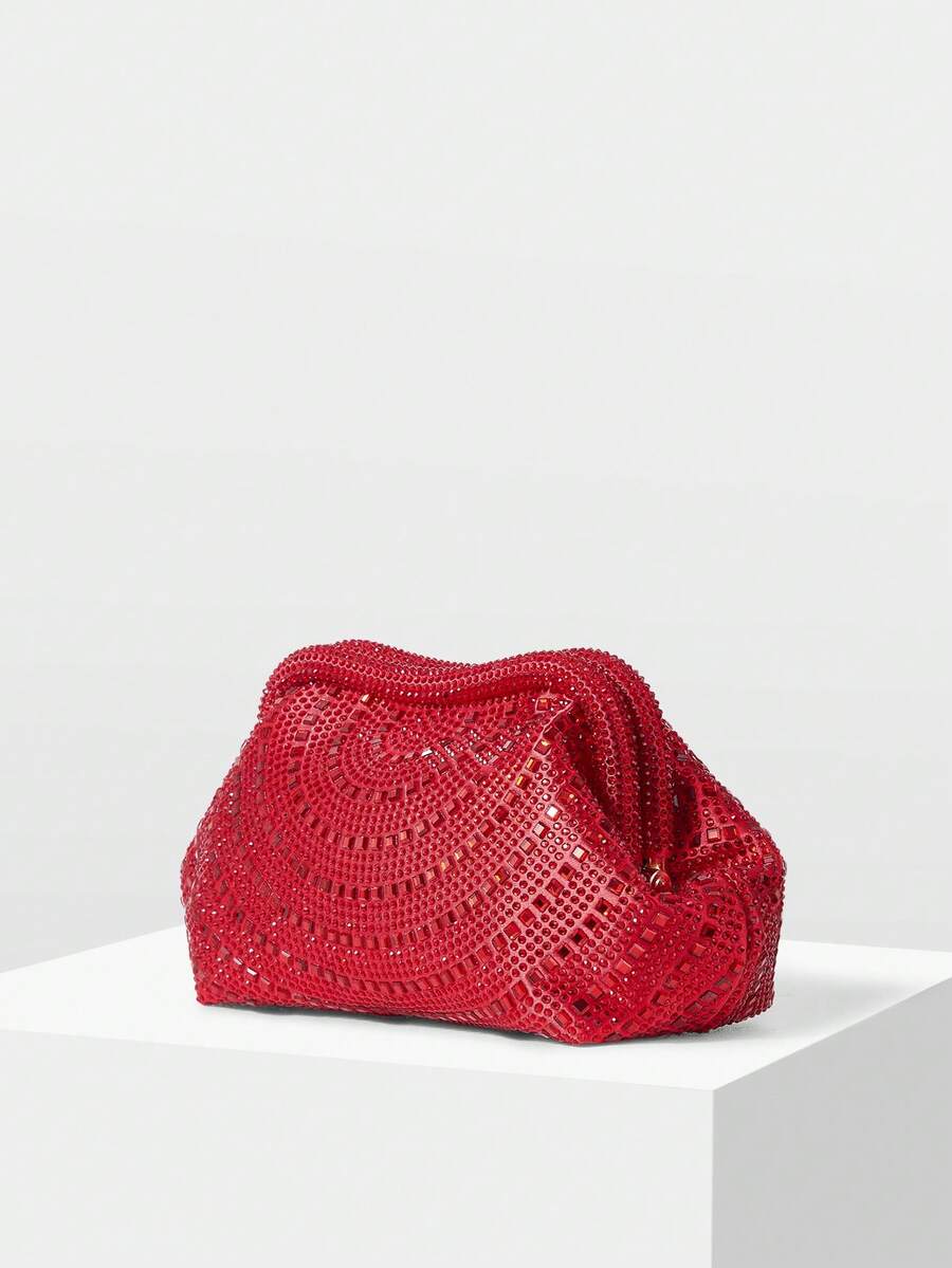 MOTF PREMIUM LADIES RED CLUTCH BAG, EXQUISITE DIAMOND DINNER BAG, LOW-KEY AND ELEGANT, FOR LADIES, BRIDES, PARTIES, DINNERS, DRESS MATCHING - Red - View 2