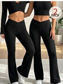 SHEIN Tween Girl Tween Girl Girls Casual Solid Color Flared Sleeve Top And Flared Pants Set (Fall/Winter) Pcs - Black - View 2