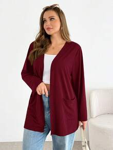 SHEIN Essnce 大尺碼女款純色長袖開襟休閒夾克 - 酒紅色 - 查看 3