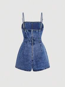 SHEIN MOD Plus Size Denim Jumpsuit, Casual Suspender Fitted Mini Blue - Dark Wash - View 3
