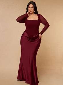 SHEIN BAE CURVE 大尺碼女款優雅長袖百褶緞面拼接洋裝 秋季 - 酒紅色 - 查看 5