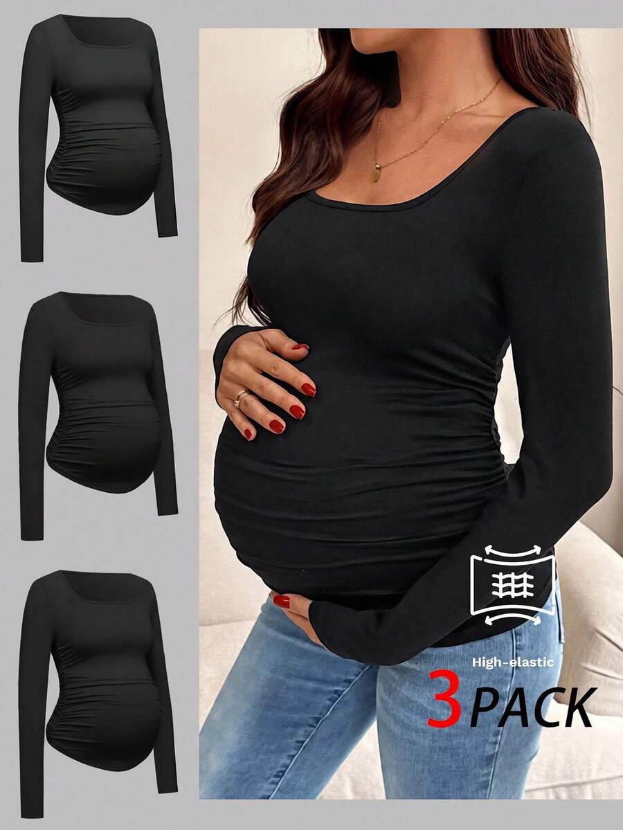 SHEIN Maternity Casual Versatile Solid Color Ruched Slim Fit Long Sleeve T-Shirt - Black - View 1