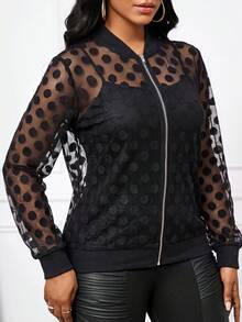 SHEIN Lady Women's Polka Dot Mesh Long Sleeve Zipper Front Baseball Collar Regular Fit Jacket - Black - View 5