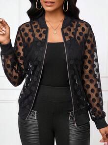 SHEIN Lady Women's Polka Dot Mesh Long Sleeve Zipper Front Baseball Collar Regular Fit Jacket - Black - View 7