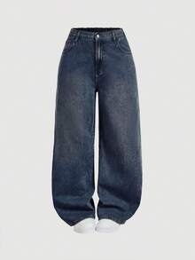 SHEIN MOD MOD Plus Size Solid Color Patch Pocket Casual Versatile Loose Wide Leg - Dark Wash - View 1