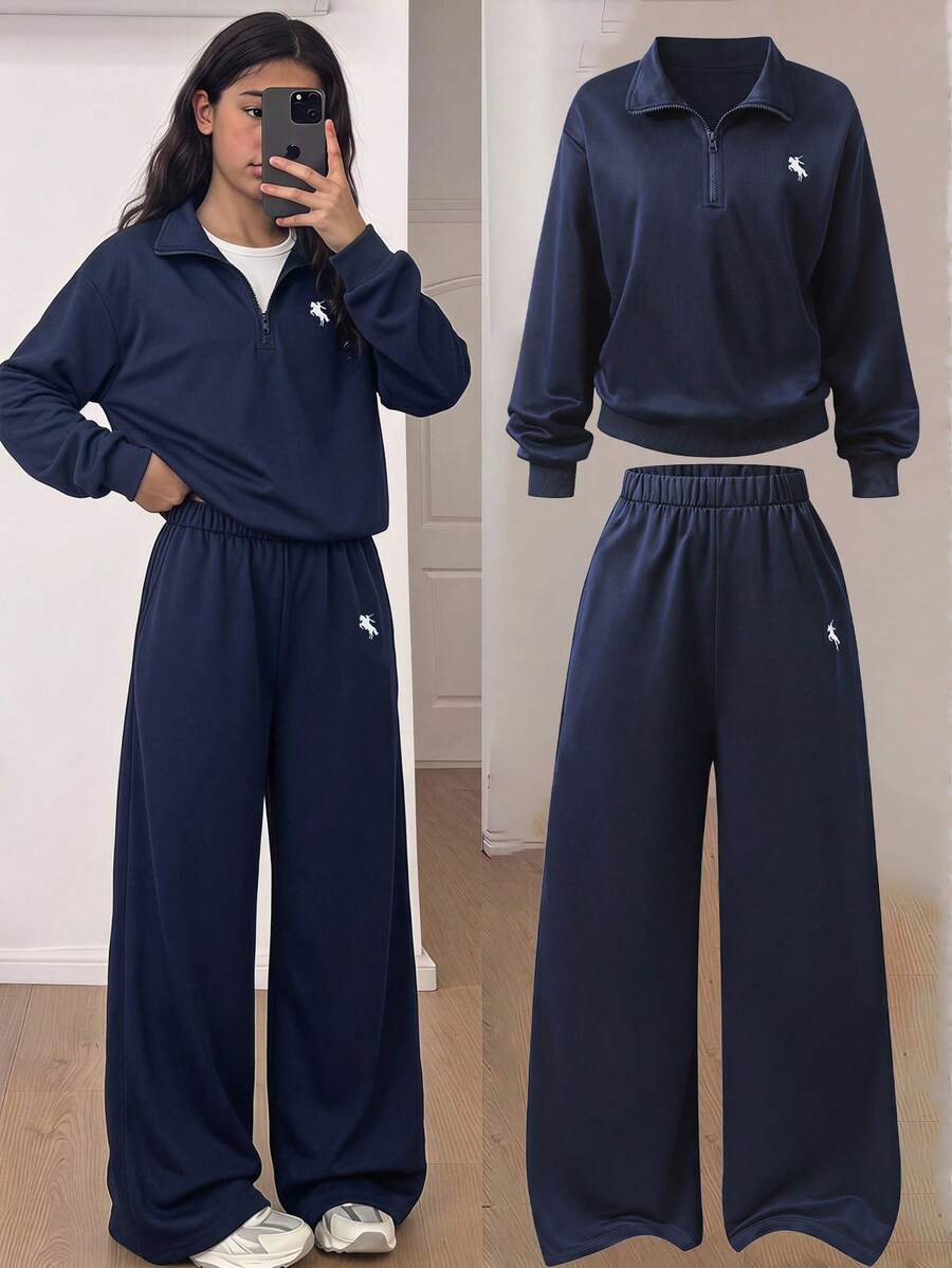 SHEIN 2 Pieces Casual Set, Fall Outfits, Royal Blue Outfit With White Pony Graphic, Holiday Outfits, Comfortable - Royal Blue - View 1