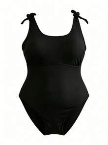 SHEIN CURVE+ Plus Size Women's Solid Color Textured Fabric Thick Strap One-Piece Swimsuit Beach Summer Eleganza - Black - View 4