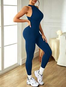 Slayform Slayform Women's Solid Color Backless Elastic Seamless Sports Jumpsuit, Summer - Navy Blue - View 3