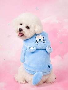 Care Bears X PETSIN 1件藍色心形熊刺繡寵物角色扮演連帽衫，附3D尾巴，天鵝絨保暖套頭衫，適用於貓狗，秋冬加厚，適合室內依偎或戶外玩耍 - 藍色 - 查看 6