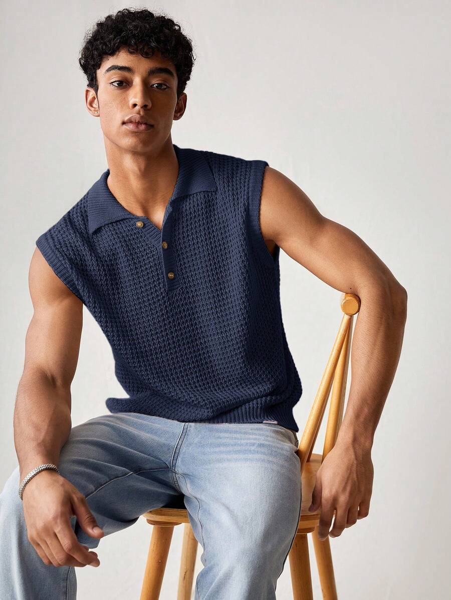 SWAVVY Camiseta sin mangas de punto de color liso casual de verano para hombre - Azul Marino - Ver 1