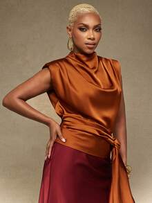Vixey Padded Shoulder Mock Neck Side Tie Satin Draped Top, Summer/Spring Elegant Top, Chic Top, Work To Weekend, Easy Layering - Rust Brown - View 4