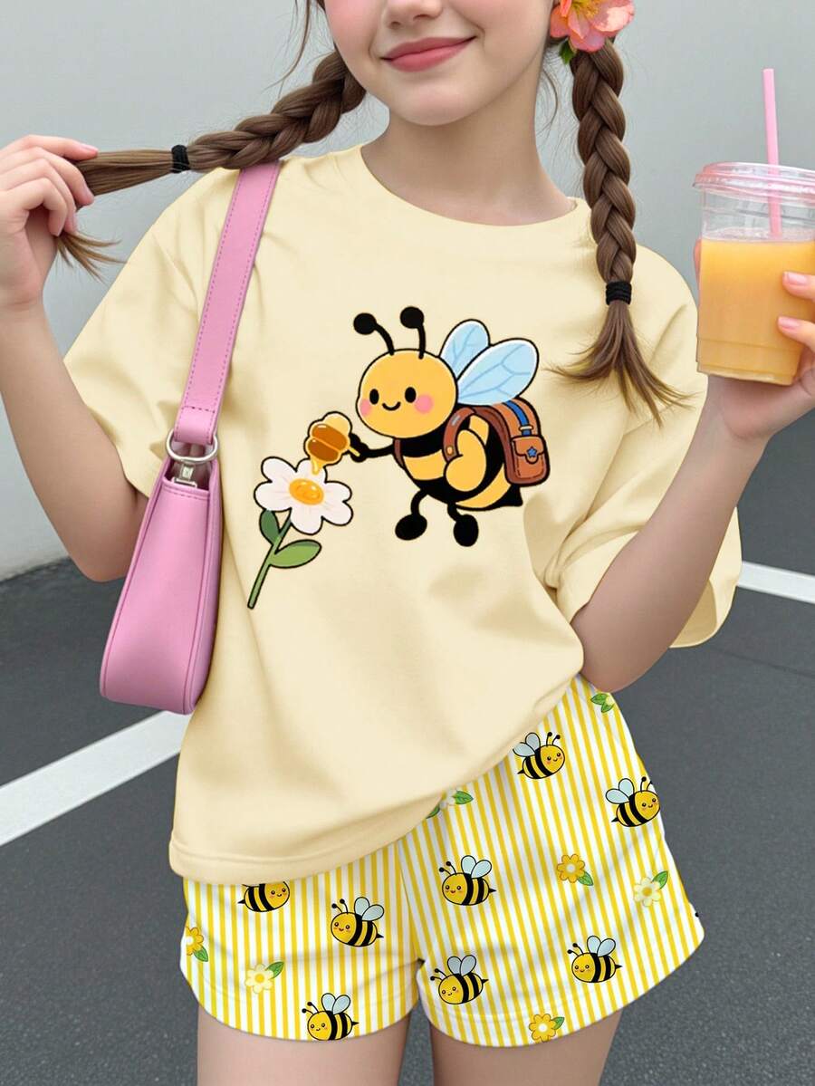 Tween Girl Casual Minimalist Cartoon Pattern Short Sleeve & Shorts 2 Pieces Set, Suitable For Summer - Multicolor - View 1