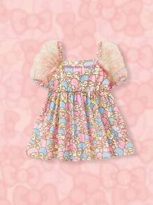 HELLO KITTY AND FRIENDS | SHEIN 女嬰網紗泡泡袖全印花連衣裙 - 彩色 - 查看 2
