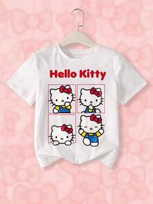 HELLO KITTY AND FRIENDS | SHEIN 少女休闲字母猫咪印花圆领短袖T恤，夏季 - 白色 - 查看 1