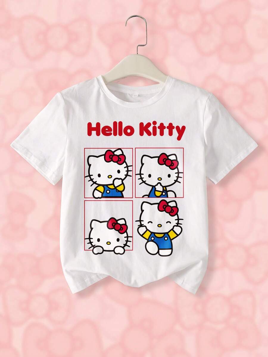 HELLO KITTY AND FRIENDS | SHEIN 少女休闲字母猫咪印花圆领短袖T恤,夏季 - 白色 - 查看 1