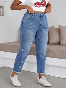 SHEIN ICON 大尺碼休閒水洗破洞牛仔褲 秋季女款牛仔女孩風穿搭 藍色牛仔褲 - 藍色 - 查看 3