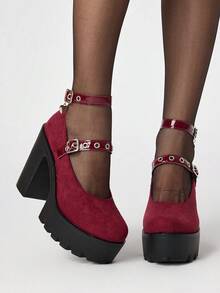ROMWE Grunge Punk 女款高跟鞋 暗黑搖滾龐克哥德風 Y2K 派對正裝鞋 粗跟 封趾 瑪麗珍 麂皮 扣飾 愛心 JK 制服鞋 - 酒紅色愛心絨面 - 查看 4
