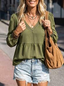 LanaWest Women's Army Green V-Neck Lace Trim Petal Sleeve Ruched Waist A-Line Casual Blouse - Army Green - View 4
