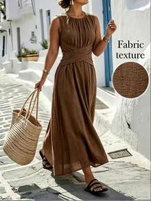 SHEIN LUNE CURVE Plus-Size Women's Casual Round-Neck Blue Sleeveless A-Line Dress, With A Zipper At The Back, Featuring A Crossed Waist Design, Minimalist Style That Exudes Elegance, Suitable For Daily Wear, Afternoon Tea, Casual Gatherings, And Light Business Commuting. - Coffee Brown - View 1