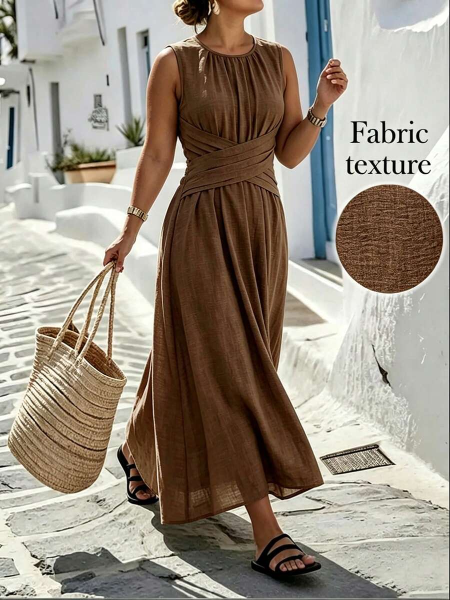 SHEIN LUNE CURVE Plus-Size Women's Casual Round-Neck Blue Sleeveless A-Line Dress, With A Zipper At The Back, Featuring A Crossed Waist Design, Minimalist Style That Exudes Elegance, Suitable For Daily Wear, Afternoon Tea, Casual Gatherings, And Light Business Commuting. - Coffee Brown - View 1