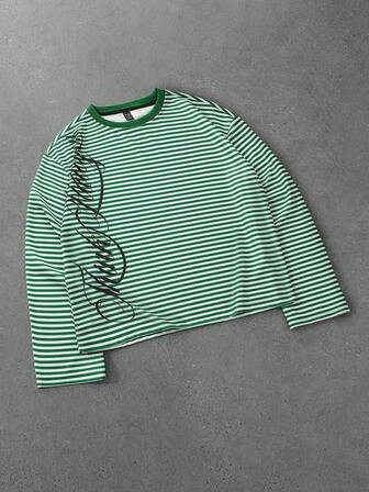 Street Life Maglietta casual versatile da uomo con stampa a righe, blocchi di colore e lettere, adatta per l'uso quotidiano