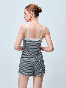 Softvol Women's Pajama Set Contrast Lace Striped Camisole Top And Shorts, Spring/Summer - Grey - View 2