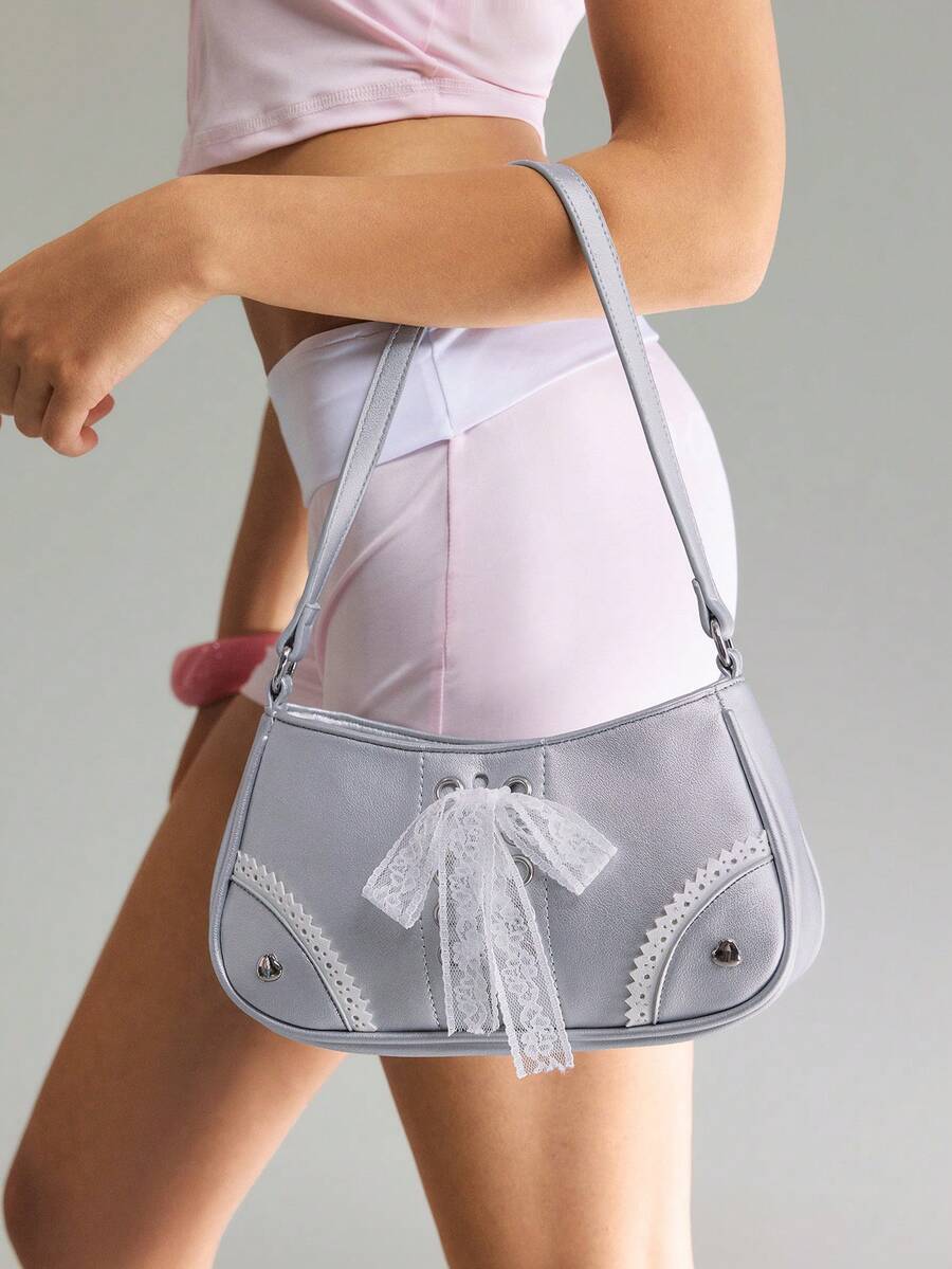 Viva Strut Ladies Bag, Silver Y2k Lace Decoration Cute Girl Rivet Design, Shoulder Bag, Sweet And Cool Babes, Suitable For Shopping, Teenagers, - Silver - View 1