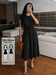 SHEIN PETITE 女款素色圓領百褶休閒派對短袖洋裝 - 黑色 - 查看 5