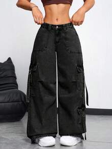 Rivivi Plus Size Women's Cargo Pocket Wide Leg Loose Casual Denim Jeans - Black - View 5