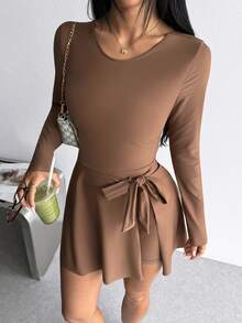 Dewbera Dewbera 1pc Solid Color Backless Cutout Shorts Skirt Design Women's Sports Dress - Brown - View 5
