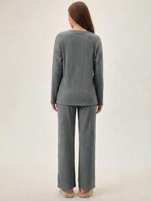 SHEIN Cottnline Women's Letter Print Long Sleeve Top And Pants Pajama Set - Dark Green - View 2