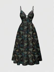 ROMWE Fairycore Dark Butterfly Moth Romantic Mori Style Spaghetti Strap Low Cut Sexy Women's Dress - Black - View 1