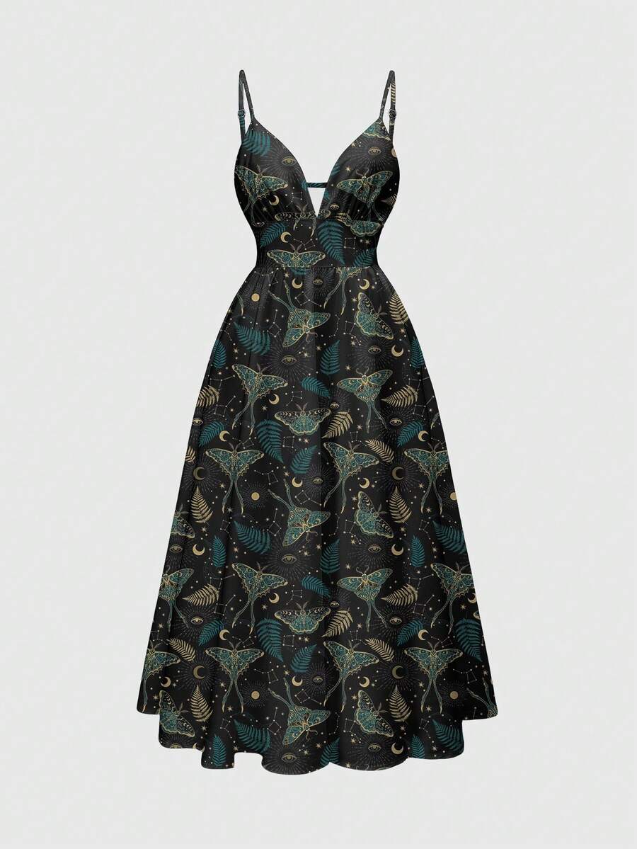 ROMWE Fairycore Dark Butterfly Moth Romantic Mori Style Spaghetti Strap Low Cut Sexy Women's Dress - Black - View 1