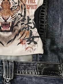 SHEIN EZwear 休閒極簡萬聖節 Y2K 個性化東方元素女士印花圖案修身不對稱領抽褶短版上衣 - 彩色 - 查看 3