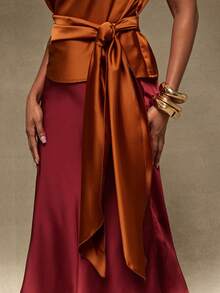 Vixey Padded Shoulder Mock Neck Side Tie Satin Draped Top, Summer/Spring Elegant Top, Chic Top, Work To Weekend, Easy Layering - Rust Brown - View 5